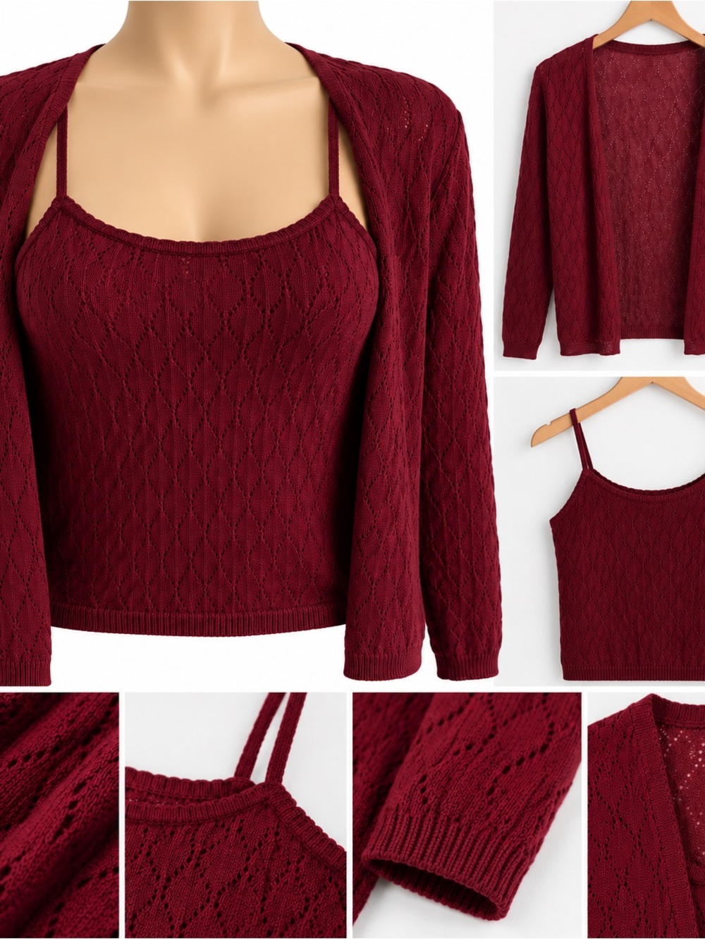 Zara Burgundy Knit Cami & Open-Front Cardigan Set